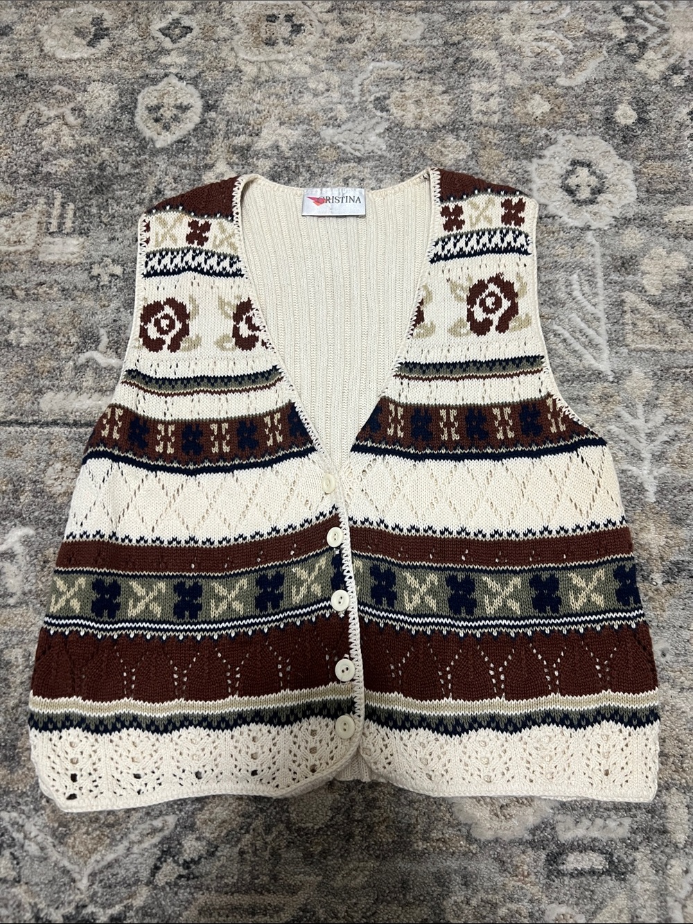Christina Cream, Brown & Navy Patterned Knit Button-Front Vest